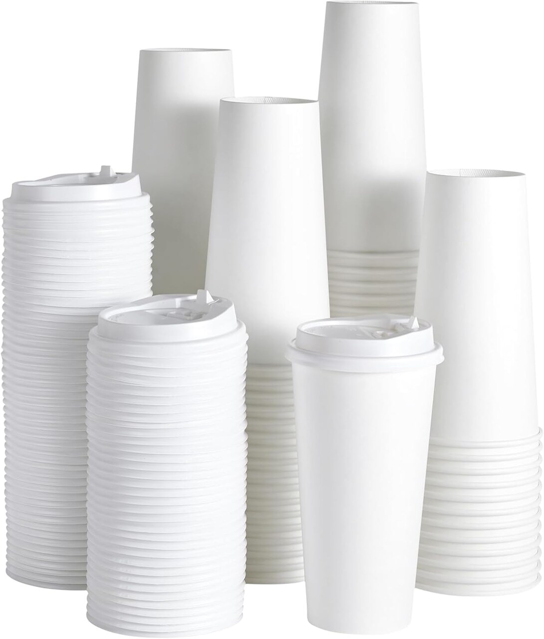 100-pack 20 oz disposable paper coffee cups with lids, perfect for hot or cold beverages like water, juice, or tea. Ideal for home, shops, and cafes.